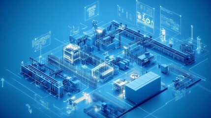 Poster - aerial view of a futuristic factory layout showcasing advanced automation and digital technologies i