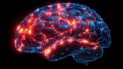 Poster - Illuminated brain silhouette with vibrant laser beams showcasing neural activity and connections