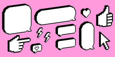 Poster - Speech bubbles. 3d pixel art style. Y2k trendy stickers for collage, poster. Empty. Modern shape for chat, text message, dialog, talk and questions. Retro dialogue box. Futuristic vector element