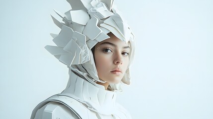 A high-fashion model in an avant-garde futuristic outfit on white background