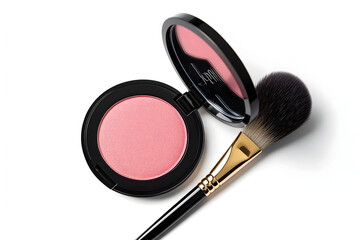 Sticker - Flat lay of a makeup brush and blush compact, showcasing beauty tools for cosmetics and makeup application in a stylish setting.