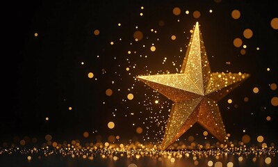 Golden glittering star black background sparkling particles