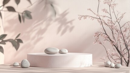Poster - a serene minimalist display with smooth stones and delicate branches against a soft, neutral backgro