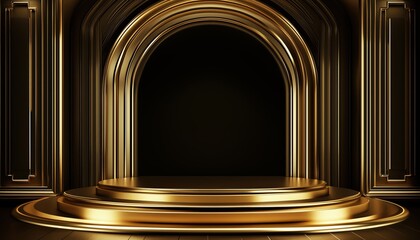 Poster - Luxurious Gold 3d Podium With Geometric Shapes Circle For Product Presentation In A Modern Curved Wall Setting, Perfect For Mal And Cosmetics Display.