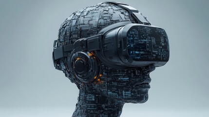Poster - A brain silhouette formed by overlapping virtual reality technologies in a modern setting