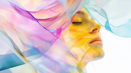 Poster - A woman with closed eyes is framed by a sea of vibrant, translucent fabric