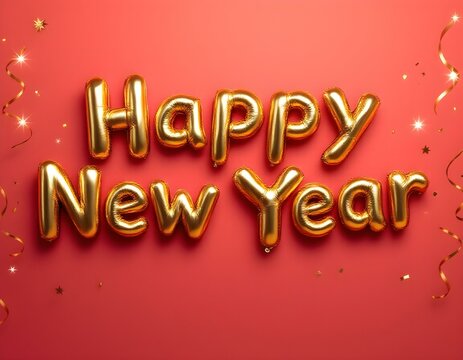 Golden Metallic 'Happy New Year' Balloons with Glowing Lights, Confetti, and Streamers on Red Background – Festive New Year Celebration Image
