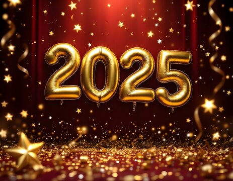 2025 Golden Metallic Balloons with Confetti on Red Background – Celebratory Milestone Anniversary Design with Light Flares and Streamers