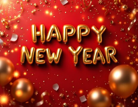 Golden Metallic 'Happy New Year' Balloons with Glowing Lights, Confetti, and Streamers on Red Background – Festive New Year Celebration Image