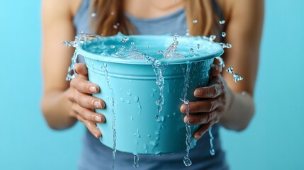 woman's hands holding a blue bucket with water splashing out of it.