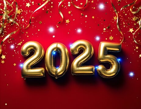 2025 Golden Metallic Balloons with Confetti on Red Background – Celebratory Milestone Anniversary Design with Light Flares and Streamers