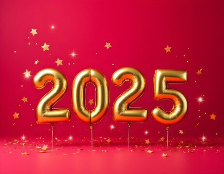 2025 Golden Metallic Balloons with Confetti on Red Background – Celebratory Milestone Anniversary Design with Light Flares and Streamers