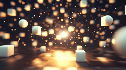 Poster - Dynamic floating cubes and spheres illuminated by light in a vibrant abstract digital space