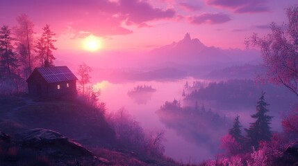 Sticker - A small wooden cabin nestled on a mountainside overlooking a misty lake at sunset, with a pink sky and mountains in the background.