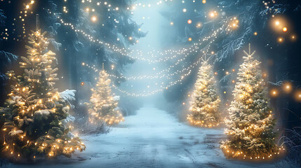 Wall Mural - a magical winter forest pathway illuminated by glowing Christmas trees adorned with twinkling lights. Soft blue fog envelops the scene