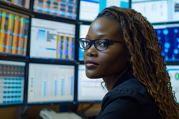 Poster - Woman Computer Spreadsheet Data Analyst Utilizing Multiple Screens