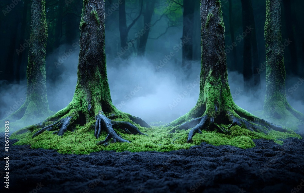 Crooked trees with twisted roots and bare branches, foggy eerie ...