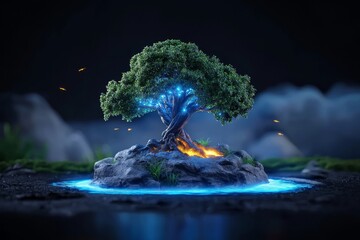 Wall Mural - a golden tree illustration on a dark background. a mystical forest.