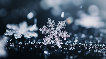 Poster - Delicate snowflakes rest on a dark surface, capturing the essence of winter's beauty and tranquility on a snowy day