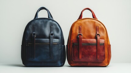 Two modern minimalist leather backpacks in tan and burgundy on display