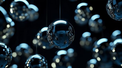 Poster - suspended glass orbs reflecting light in a darkened environment, creating an ethereal atmosphere in 
