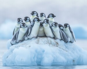 Canvas Print - A group of penguin chicks huddle together on an ice floe. AI.