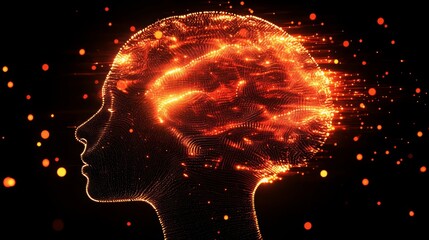 Poster - Glowing brain silhouette exhibiting vibrant LED-like patterns against a dark background