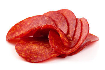 Wall Mural - Spanish pork chorizo sausage slices, close-up, isolated on white background.