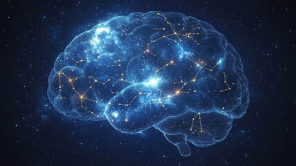 Poster - A brain silhouette illuminated by constellation lines representing thoughts and creativity at night