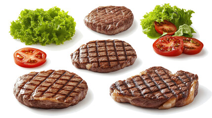 Poster - Collection of Grilled Steaks With Fresh Vegetables on a White Table Generative AI