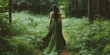 © Jana - Back view of a woman with long hair and green dress gown walking a forest path, beautiful elf in elven style, princess or queen vintage medieval magic fantasy cosplay