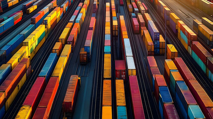 Sticker - Golden sunlight reflects off colorful shipping containers, neatly arranged along railway tracks, symbolizing global trade and synchronized logistics.