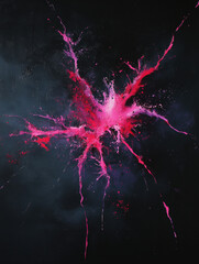 Wall Mural - Explosive splash of neon pink on a dark canvas, radiating energy and intensity with sharp bursts of colour.