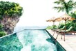 © DZMITRY - A serene watercolor painting depicting a tropical poolside scene, with palm trees and loungers.