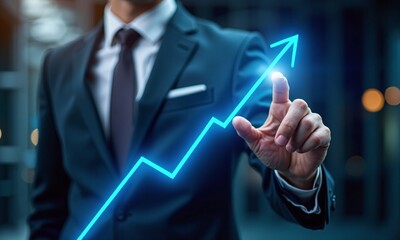 Wall Mural - Business growth concept businessman touching glowing upward arrow