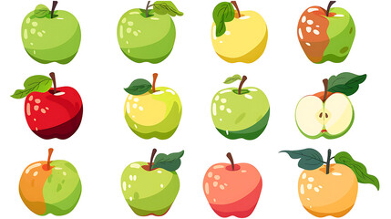 Wall Mural - Set of apples in different colors like red, green, and yellow, with natural stems and leaves, isolated on white, cut out 