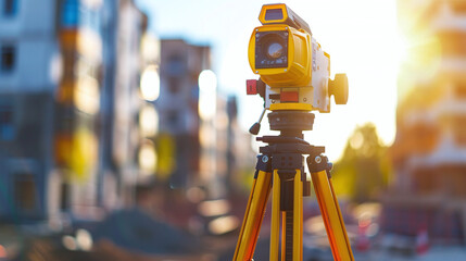 A surveying instrument set on a tripod captures construction progress as sunlight illuminates the building site in the early evening