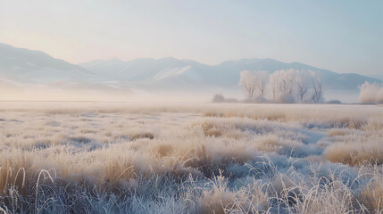 Wall Mural - A photograph of a vast winter field, frost-covered grasses stretching towards a snow-dusted treeline, distant mountains under a pale morning light