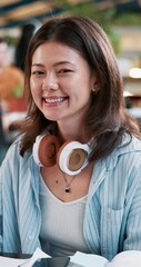 Aufkleber - Student, face and books with asian woman in cafeteria for studying, portrait and college thesis. University, learning and education with person on school campus for knowledge, future and youth.