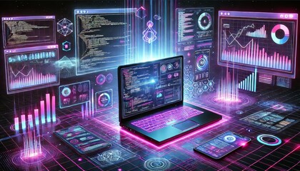 Technology information futuristic digital holographic laptop business graph analytics data interactive panels programming concept