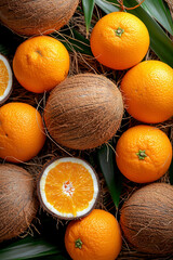 Wall Mural - Vertical Pattern with fresh ripe oranges and coconuts.