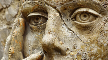 A close-up view of a detailed sculpture depicting a human face, showcasing intricate textures and expressions, illuminated softly by natural light