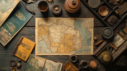 Wall Mural - An old map, surrounded by antique items, hints at a past journey and a thirst for exploration.