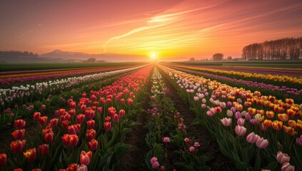 Wall Mural - A field of tulips at sunset. AI.