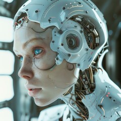 Poster - A close-up of a robotic head with intricate details. AI.