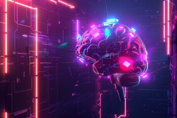 Poster - A digital representation of the human brain with glowing neon lights. AI.
