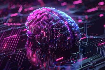 Poster - A digital brain with glowing circuits. AI.