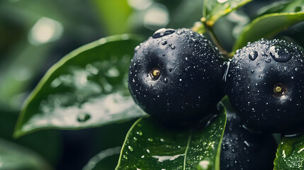 Wall Mural - Close-up of three fresh, ripe acai berries with dew drops and leaves -