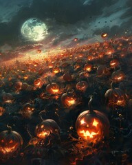 Wall Mural - A field of glowing jack-o'-lanterns under a full moon. AI.
