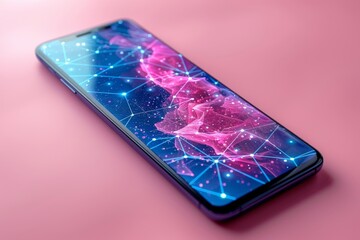 Poster - A smartphone rests on a pink background, showcasing a vivid abstract display filled with colorful network patterns. The design combines bright hues and geometric shapes in an eye-catching manner.